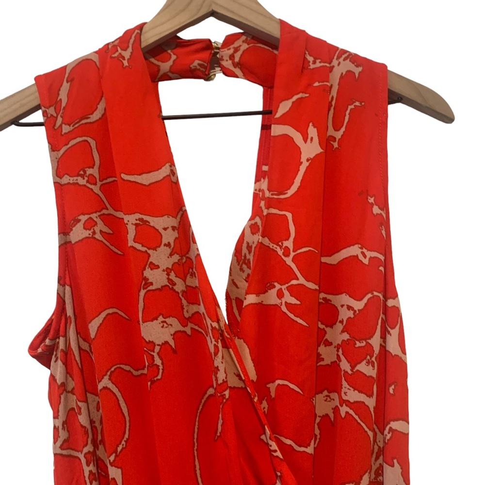 Revolve Karina Grimaldi Red Orange Jumpsuit V neck Patterned Pantsuit Style - Picture 3 of 11